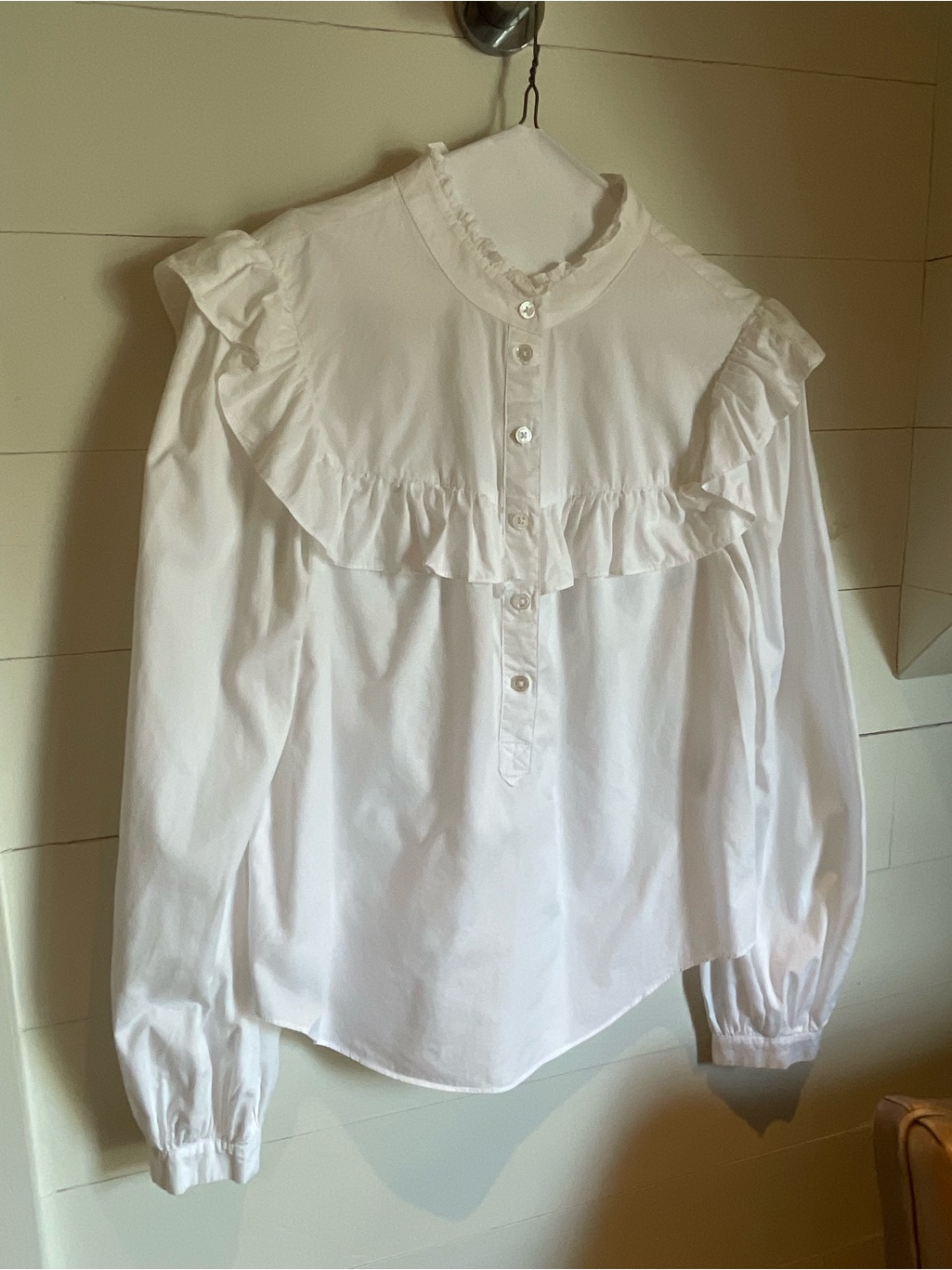 Veronica Beard White Ruffle Yoke Button-Down Blouse